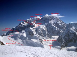 Overview of the West Buttress route.  You can see the headwall above the basin camp at 14,200', which is the location of the fixed lines.