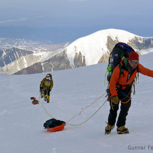 Climbers above Camp 2 on the West Buttress Traverse