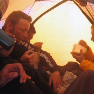 Snug quarters for dinner during a storm on the Traverse