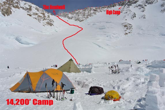 14200 foot Camp 3 with Headwall and fixed lines in background