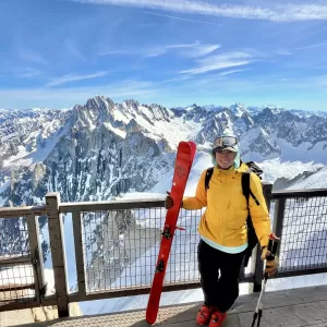 Taking in the view from the Aiguille du Midi cable car summit station before skiing the Cosmiques Couloir.