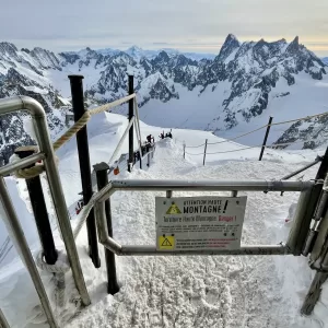 Exiting the Aiguille du Midi summit station before walking down to the beginning of the Vallée Blanche ski run.