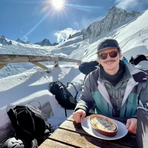 Enjoying a well-earned lunch at a mountain hut.
