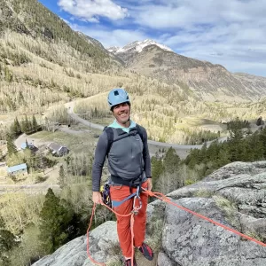 High on Via Alpinista, a fun 8-pitch 5.9 climb near Telluride, CO.